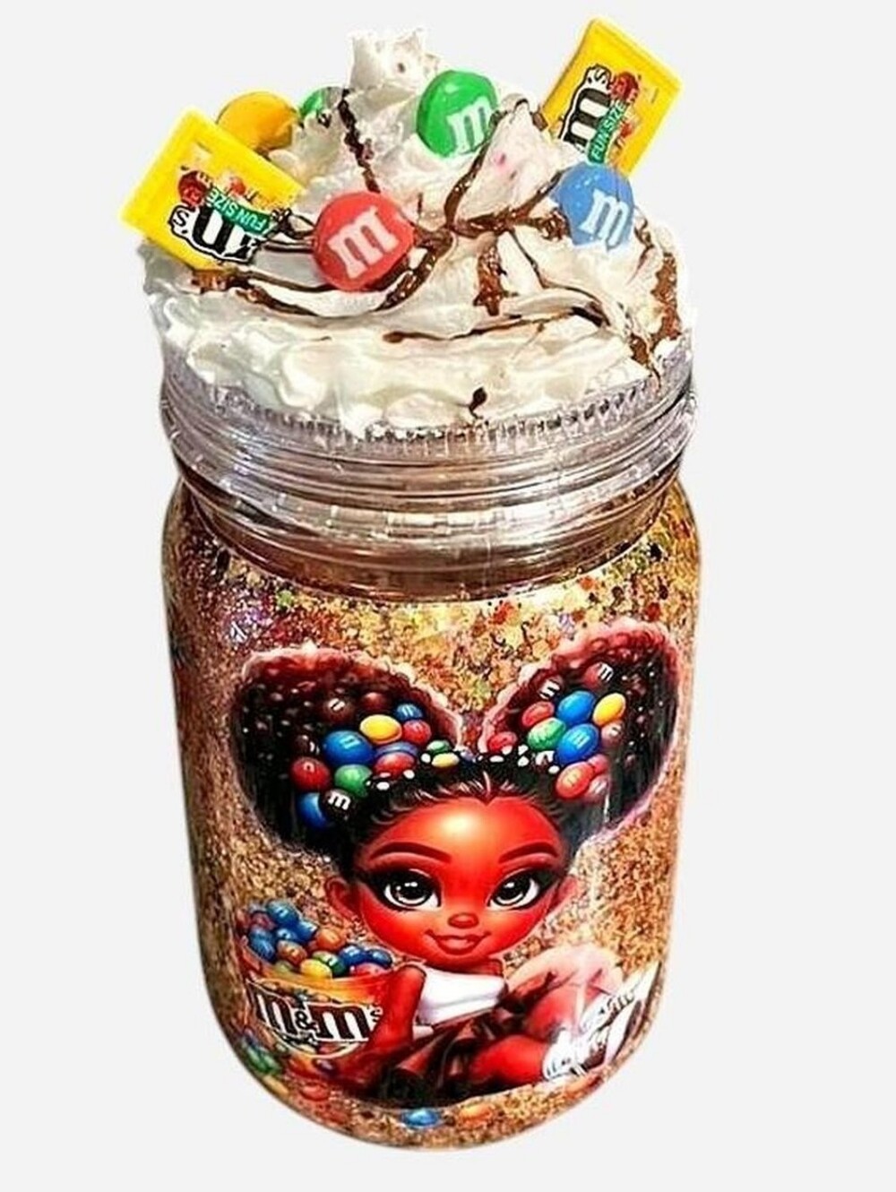 Handcrafted M&M Milkshake 20oz Mason Jar Glitter Mug Tumbler Cartoon Candy Girl